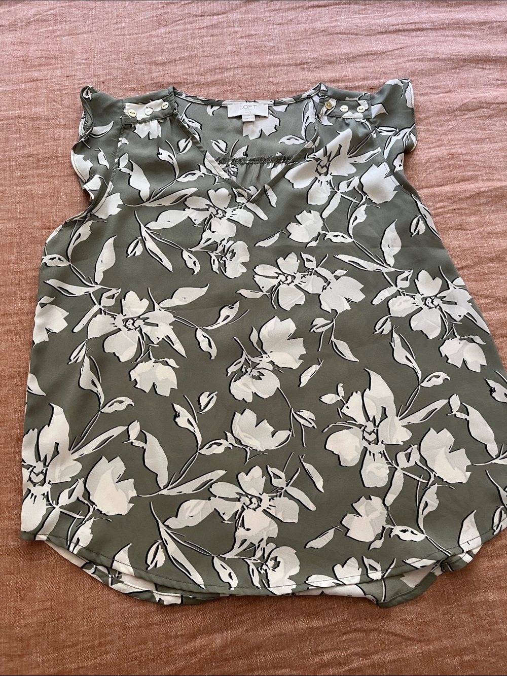 LOFT Olive Green and White Floral Ruffle-Shoulder Camisole